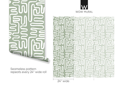 Green & White Boho Line Wallpaper W012