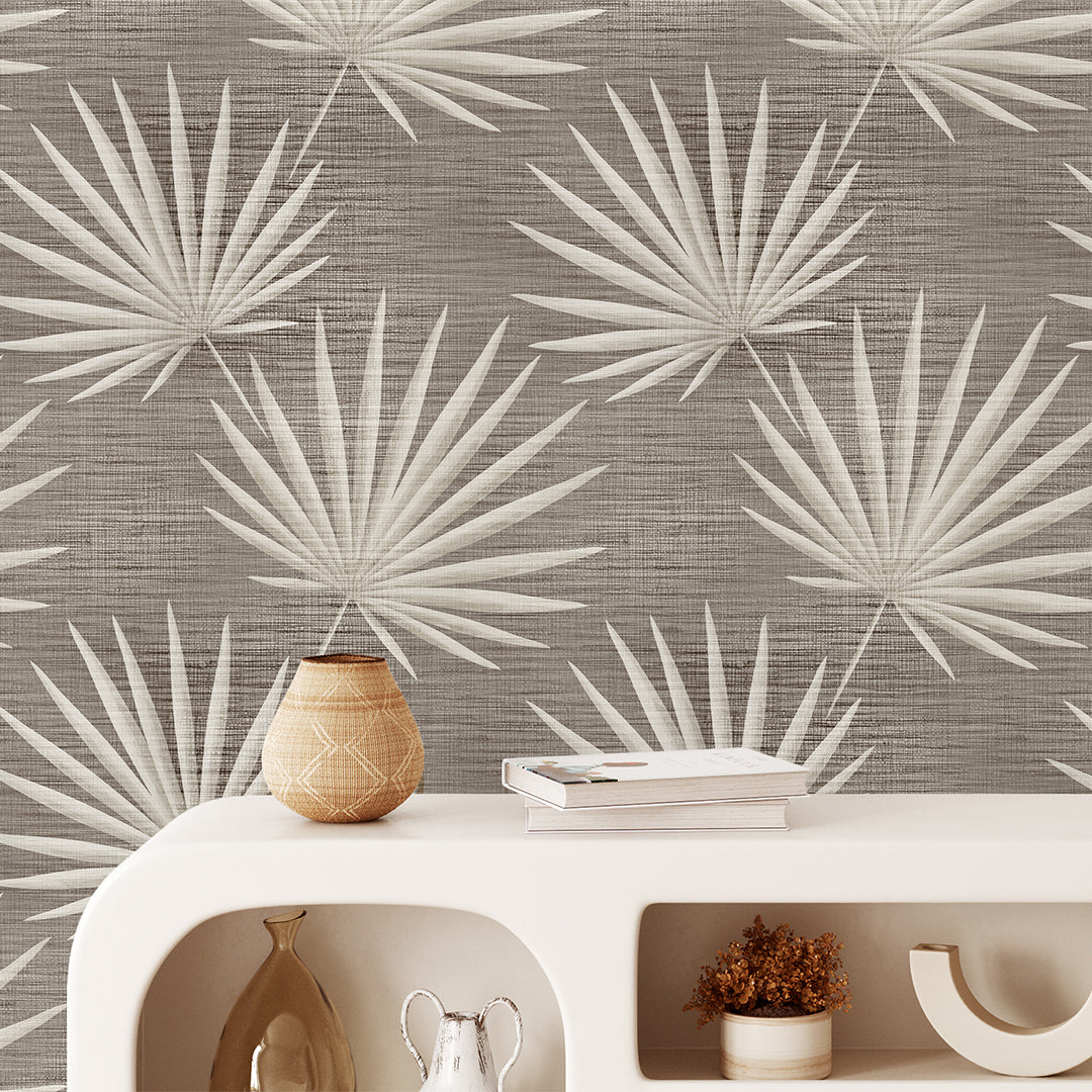 Beige Palm Leaves Grasscloth Wallpaper CG012