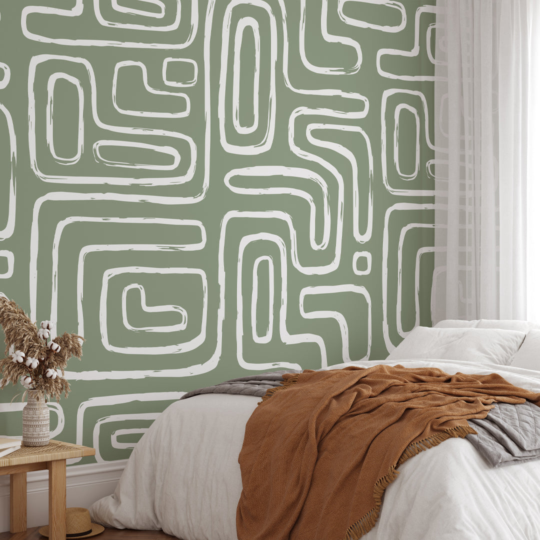 Olive Green Boho Line Wallpaper W008
