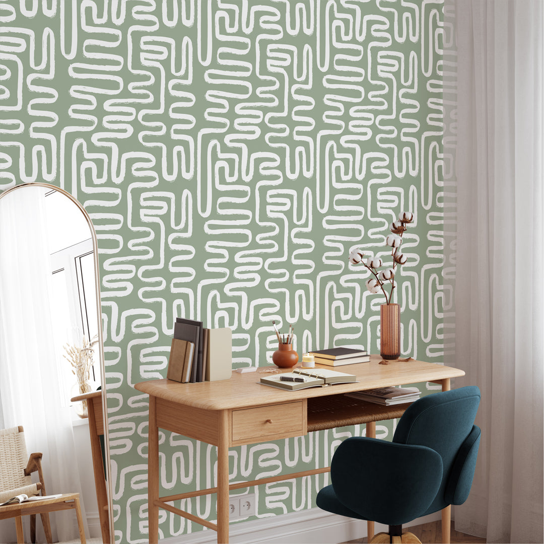 Green & White Boho Line Wallpaper W012