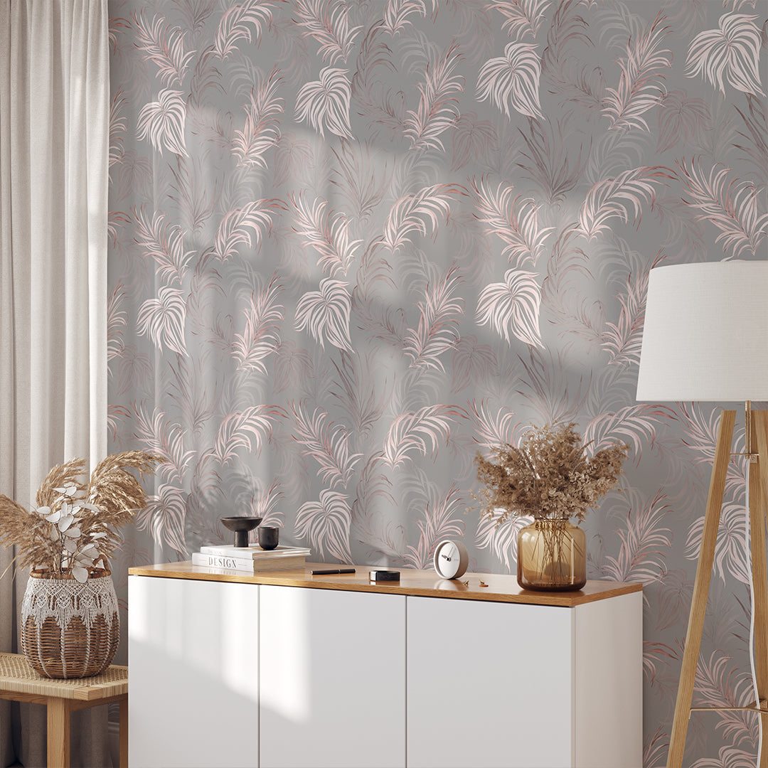 Gray & Pink Palm Leaves Wallpaper W133
