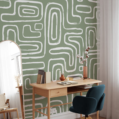 Olive Green Boho Line Wallpaper W008