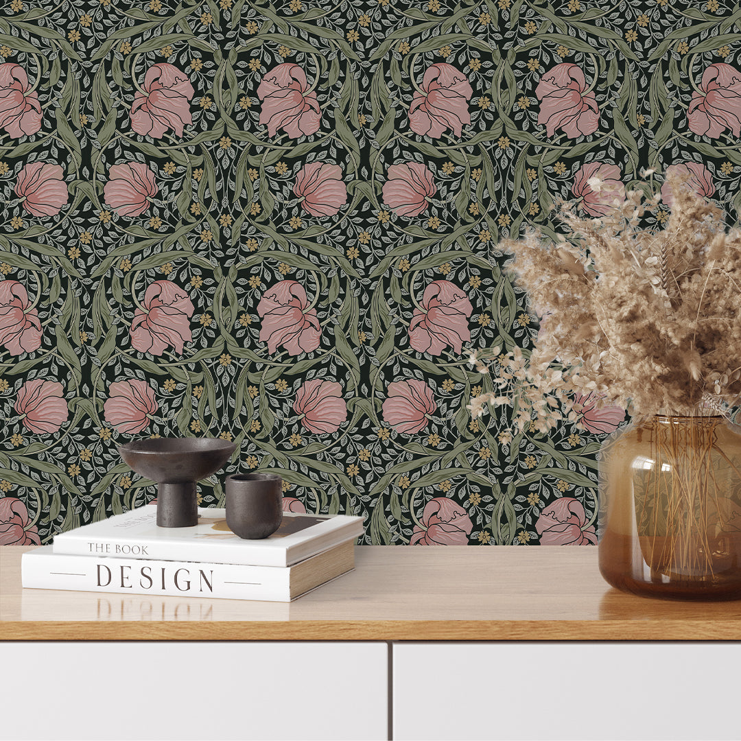 Pink & Green Pimpernel by Morris Wallpaper W080