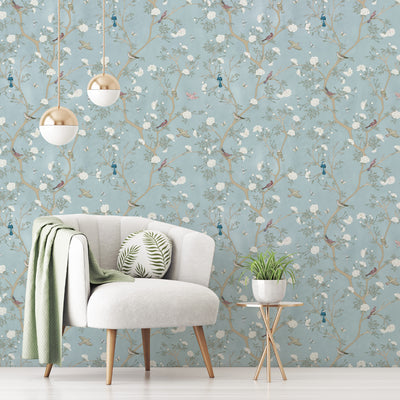 Blue Blossom Trees & Birds Wallpaper W058