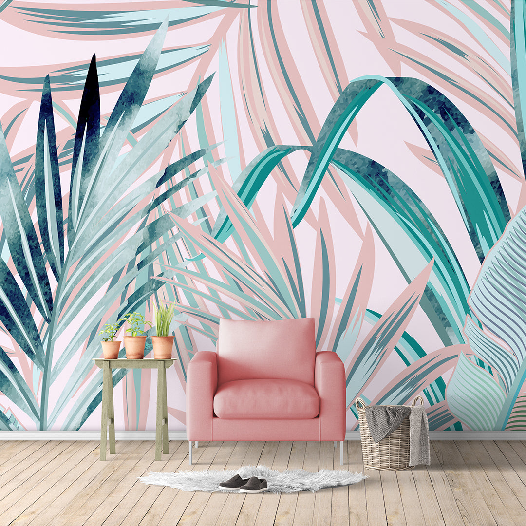 Self Adhesive Pink Green Exotic Tropical Palm Leaves Wall Mural 