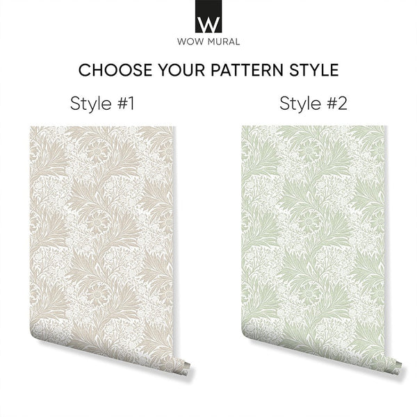Beige & Green Marigold by Morris Wallpaper W129 - CostaCover - Peel and stick Removable Wallpaper - abstract floral - abstract wallpaper - accent wallpaper