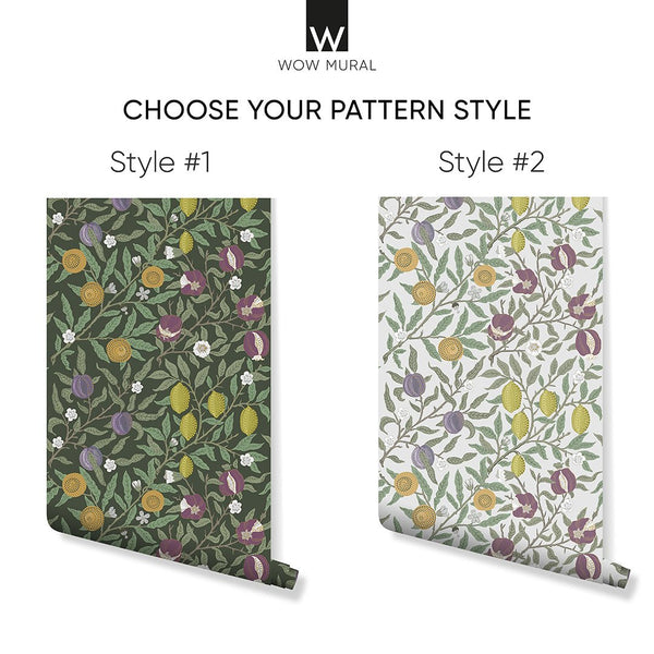 Green & White Fruit or Pomegranate by Morris Wallpaper W115 - CostaCover - Peel and stick Removable Wallpaper - abstract floral - abstract wall art - abstract wallpaper