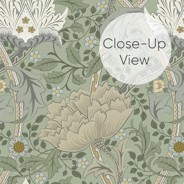 Morris-inspired Windrush wallpaper with stylized flowers and acanthus leaves in sage and olive greens. Ideal for creating a classic atmosphere in home offices or living rooms.