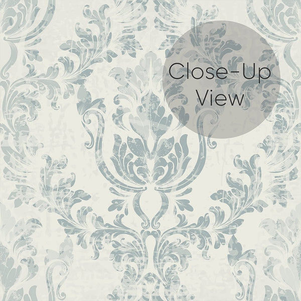 Ornate Light Blue Rococo wallpaper with symmetrical cartouches and scrolling foliage in muted blue. This traditional unpasted wallpaper is made in the USA from eco-friendly materials, ideal for a French country decor style.