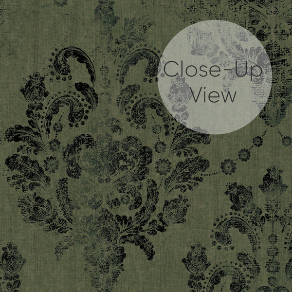 Removable wallpaper featuring symmetrical damask medallions, perfect for adding old-world drama to a bedroom.