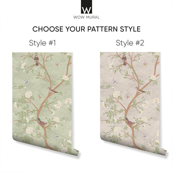 Green Blossom Trees & Birds Wallpaper W056 - CostaCover - Peel and stick Removable Wallpaper - abstract wallpaper - adhesive wallpaper - baby bedroom
