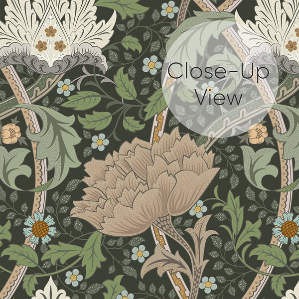 Intricate Morris-style botanical wallpaper with large-scale flowerheads and scrolling stems in beige and sage on a dark green field. The engraved linework and small blue accents create a striking statement, ideal for a living room or dining room seeking a bold, classic motif.