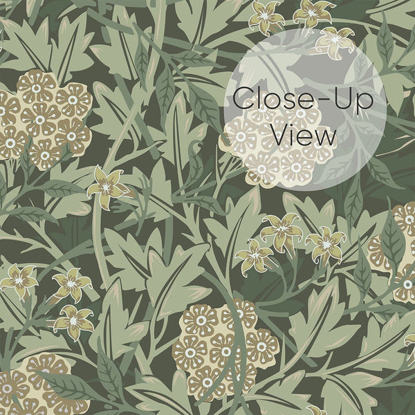 Floral wallpaper with beige jasmine clusters and dark green leaves, set against a rich green background. Perfect for feature walls in living areas, offering a timeless botanical design with a heritage feel.