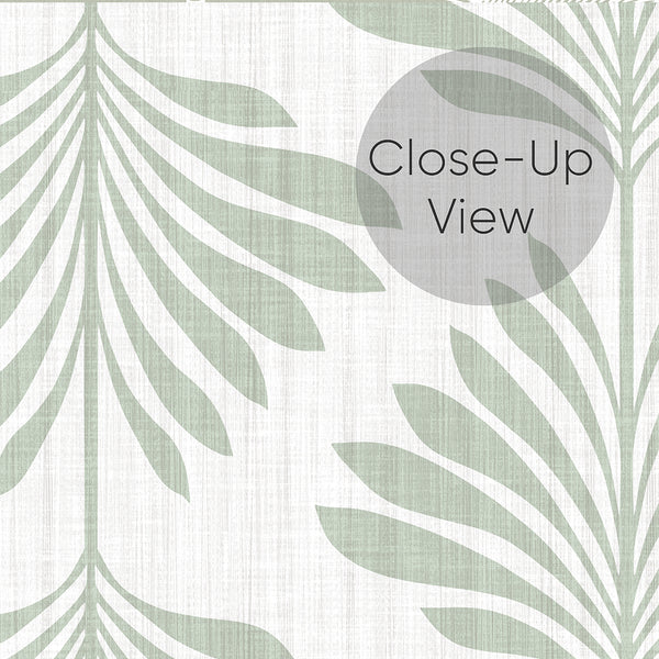 A clean, coastal wallpaper design with sage green palm leaf motifs on an off-white ground, suitable for bathrooms and kitchens. The removable material is eco-friendly, catering to decorators seeking a stylish yet temporary wall mural solution.