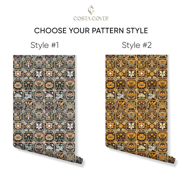 Floral Tiles Vintage Wallpaper CC315 - CostaCover-Peel and stick Removable Wallpaper-abstract floral-abstract wall art-abstract wallpaper