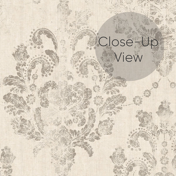 Classic wallpaper with taupe medallions and a subtle grain, ideal for traditional or modern farmhouse decor.