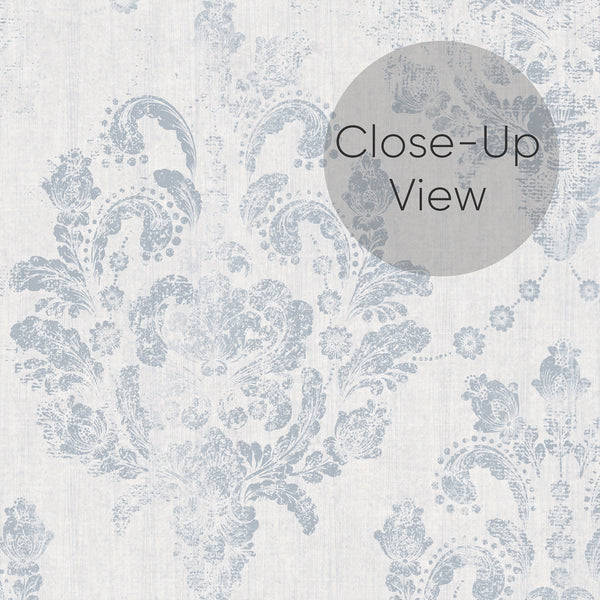 Soft vintage damask wallpaper with vertical medallions, creating a refined look for a home office. Temporary, high-quality removable material, ideal for decorators.