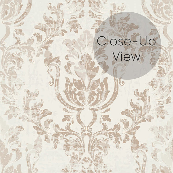 Removable Rococo wallpaper depicting symmetrical floral medallions and leaves. This classic design suits a formal living room or classic bedroom with its traditional elegance.