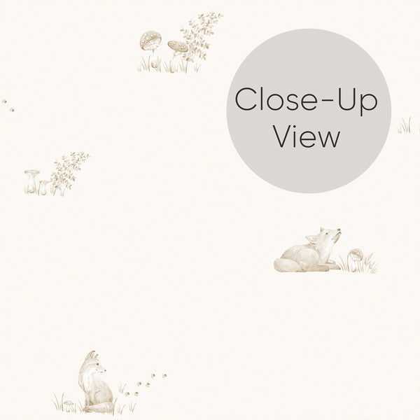 Soft beige nursery wallpaper featuring hand-drawn foxes and woodland motifs, designed to create a serene environment in nurseries or kids' rooms. The removable peel and stick design offers an airy and delicate look, perfect for Scandinavian-inspired decor with its subtle paper grain and eco-friendly materials.
