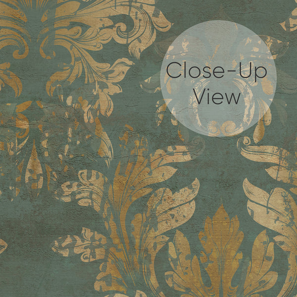 close up of dark green and gold baroque wallpaper with large ornate floral motifs and an aged textured finish for a luxurious dining room or living room.