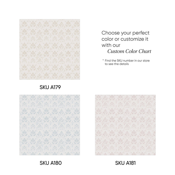 Color chart showing wallpaper patterns in various colors with SKU numbers for each available design.