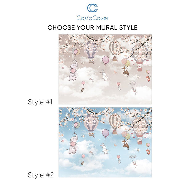 Cute Animals & Sakura Wall Mural CCM155 - CostaCover - Peel and stick Removable Wallpaper - abstract wall art - adhesive wallpaper - air balloon