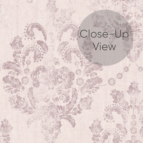 Blush pink wallpaper with classic medallion repeat, creating an airy backdrop for a bedroom. Pre-pasted wallpaper, made from eco-friendly materials, ideal for renters.