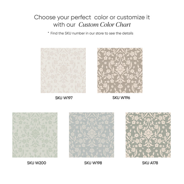 Color chart showing wallpaper patterns in various colors with SKU numbers for each available design.