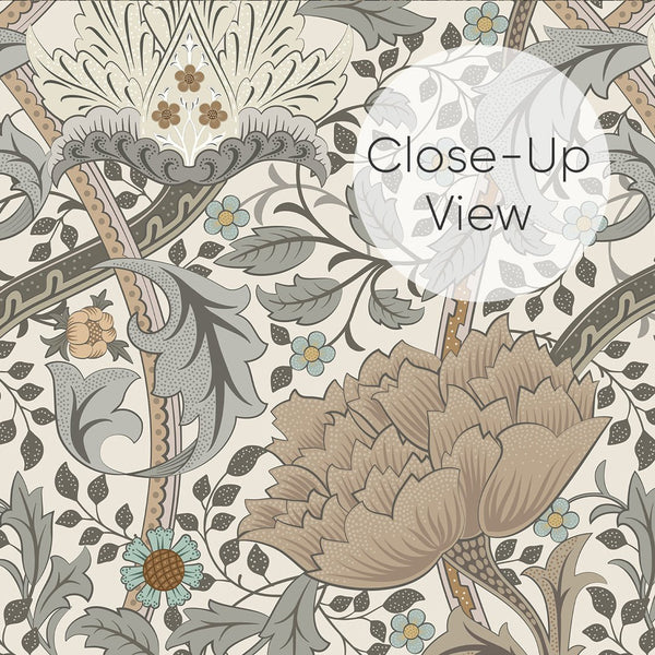 Classic Morris-inspired Beige Gray Windrush wallpaper with large blooms and acanthus-like palmettes. Warm beige and muted gray hues accented by dusty teal. Smooth matte finish with textile-like appearance. Suited for traditional unpasted wallpaper applications in bedrooms and studies.