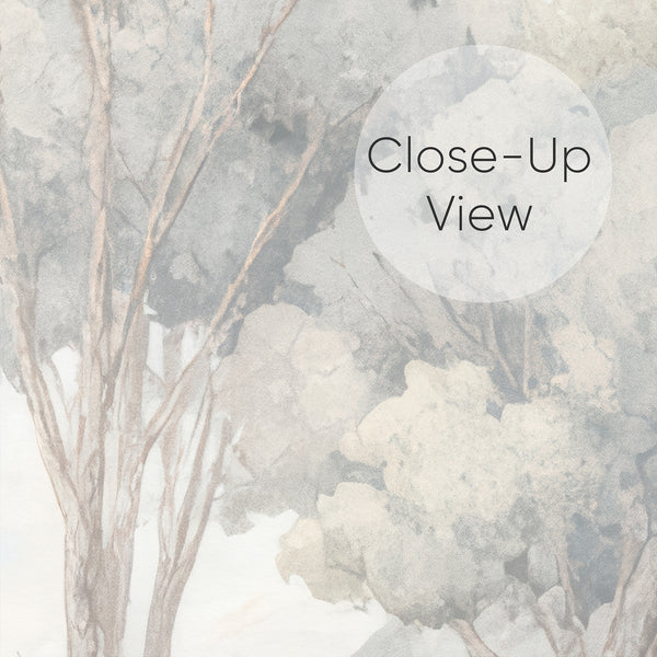 Calming misty forest wallpaper with watercolor textures, ideal for a peaceful bedroom accent wall. Made in the USA, this peel and stick mural is perfect for decorators seeking flexibility in design.