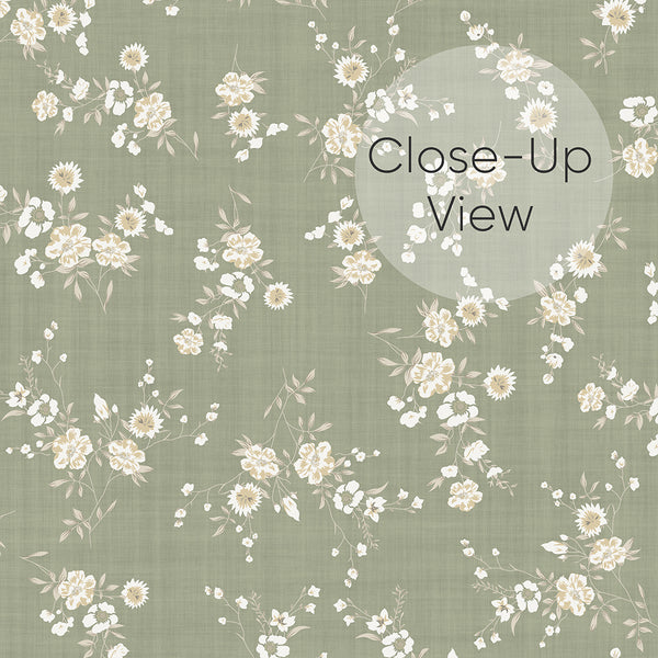 Sage Green Floral Wallpaper's scattered floral spray and dusty sage green ground offer a calm, welcoming backdrop. This eco-friendly, removable wallpaper is easy to apply and reposition, making it a great choice for renters and decorators.