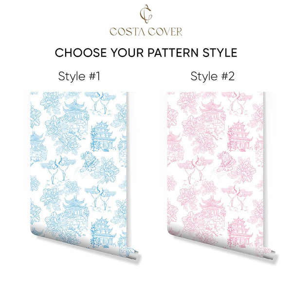 Chinoiserie Tiger Pagoda Wallpaper CC260 - CostaCover - Peel and stick Removable Wallpaper - accent wallpaper - adhesive wallpaper - adhesive wallpaper design