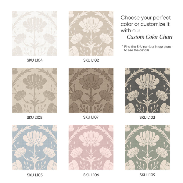Taupe floral wallpaper with vintage-inspired motifs, perfect for bringing gentle pattern to a living room or hallway. The removable design makes it a great choice for renters and decorators seeking a high-quality, eco-friendly, temporary decor option.