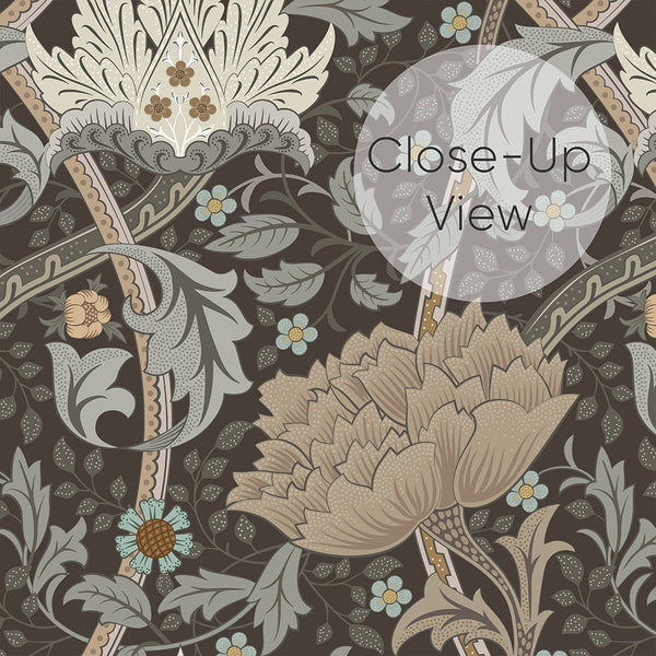 Windrush wallpaper in deep brown with beige and tan accents, featuring floral and foliage patterns for an elegant home decor. Easy to apply and reposition.