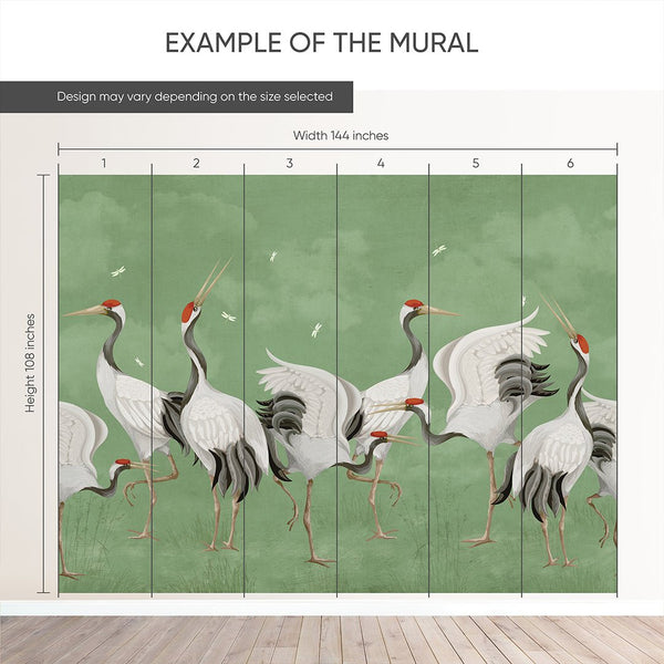 Green Japanese Cranes Wall Mural WM110 - CostaCover - Peel and stick Removable Wallpaper - accent wallpaper - adhesive wallpaper - bathroom wallpaper