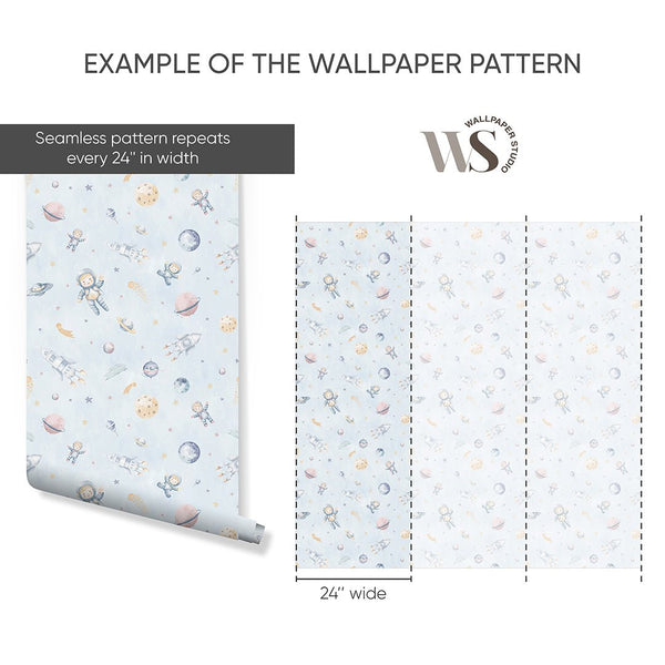 Pastel Blue Astronauts & Rockets Wallpaper S122 - CostaCover-Peel and stick Removable Wallpaper-accent wallpaper-adhesive wallpaper-baby bedroom