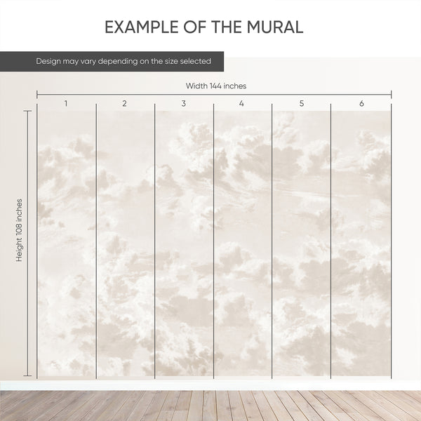 Example of a 144-inch-wide by 108-inch-high mural split into 6 panels, showing how the design is divided across  panels; the printed design varies with the size selected.