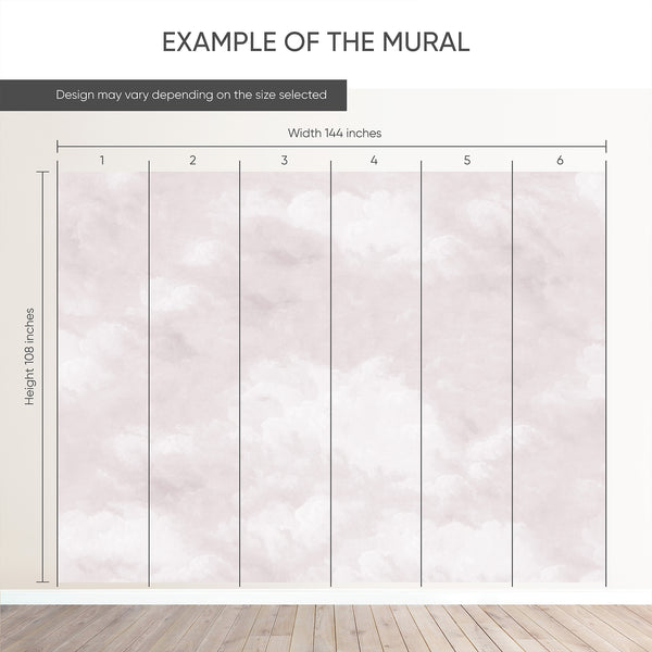 Example of a 144-inch-wide by 108-inch-high mural split into 6 panels, showing how the design is divided across  panels; the printed design varies with the size selected.