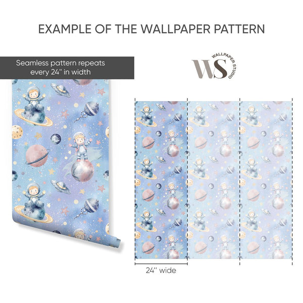 Blue Astronauts & Planets Wallpaper S117 - CostaCover-Peel and stick Removable Wallpaper-accent wallpaper-adhesive wallpaper-bathroom wallpaper