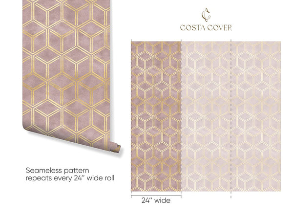 Blush Pink Сubes Art Deco Wallpaper CC327 - CostaCover - Peel and stick Removable Wallpaper - Abstract Beige Gold Stripes Waves Removable Wallpaper near me - abstract wallpaper - accent wallpaper