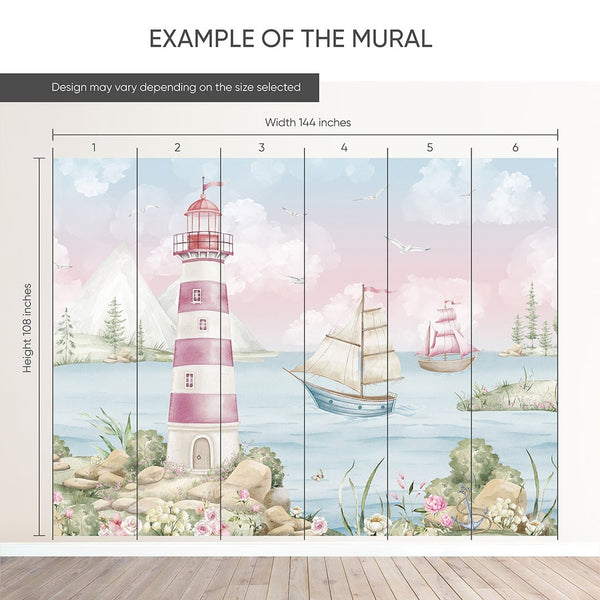 Pink Nautical Lighthouse Wall Mural AM159 - CostaCover-Peel and stick Removable Wallpaper-accent wallpaper-adhesive wallpaper-baby bedroom