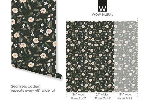 Dark Green & Beige Floral Wallpaper W154 - CostaCover - Peel and stick Removable Wallpaper - abstract floral - abstract wall art - abstract wallpaper