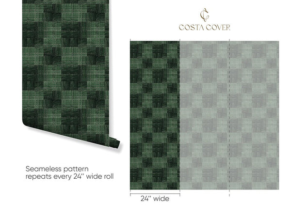 Dark Green Checker Grasscloth Wallpaper CG027 - CostaCover - Traditional Wallpaper - Abstract - Abstract Labyrinth Lines - abstract lines