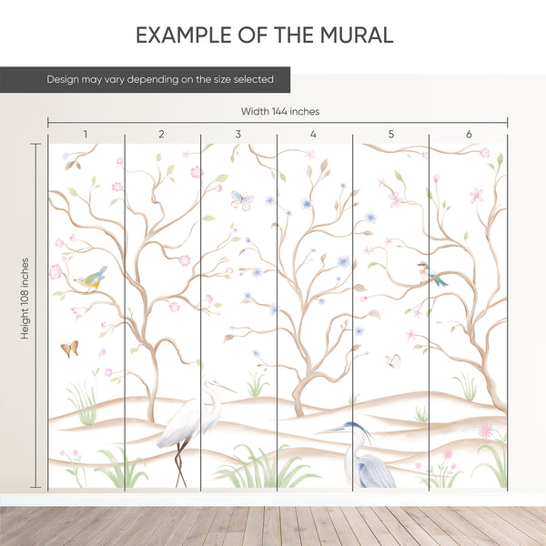 Example of a 144-inch-wide by 108-inch-high mural split into 6 panels, showing how the design is divided across  panels; the printed design varies with the size selected.