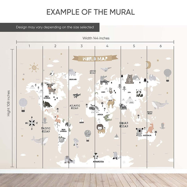 Beige World Map With Animals Wall Mural AM112 - CostaCover - Peel and stick Removable Wallpaper - abstract wall art - accent wallpaper - adhesive wallpaper