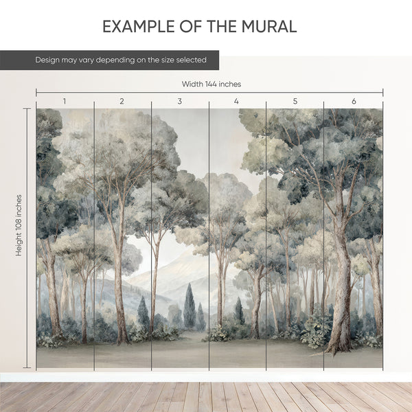 Misty forest wall mural with watercolor washes, creating a calm home office backdrop. Made from eco-friendly materials, this removable wallpaper is perfect for decorators and designers.
