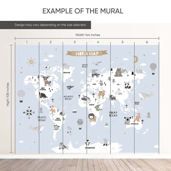 Blue World Map With Animals Wall Mural AM113