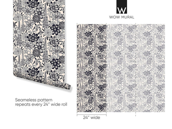 Beige Black Wild Flowers Wallpaper W139 - CostaCover - Peel and stick Removable Wallpaper - Abstract - abstract floral - abstract lines