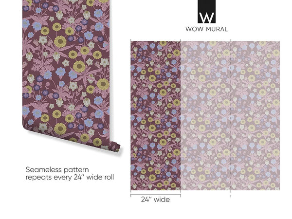 Burgundy Wildflowers by Morris Wallpaper W132 - CostaCover - Peel and stick Removable Wallpaper - abstract floral - abstract wallpaper - accent wallpaper