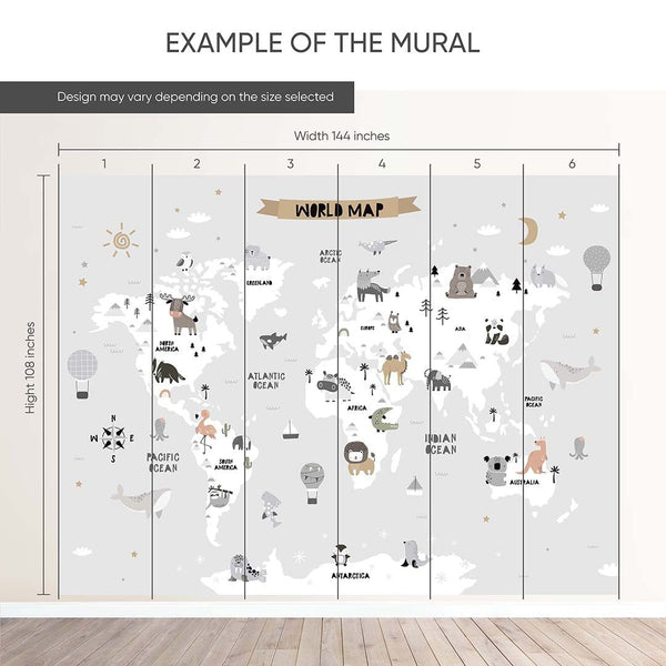 Gray World Map With Animals Wall Mural AM114 - CostaCover - Peel and stick Removable Wallpaper - accent wallpaper - adhesive wallpaper - animal print